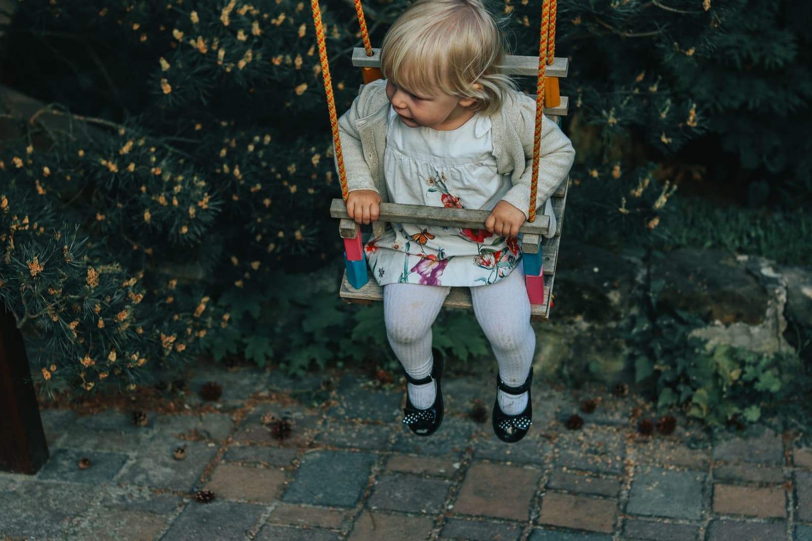 Toddler in a bucket swing surrounded by green leaves